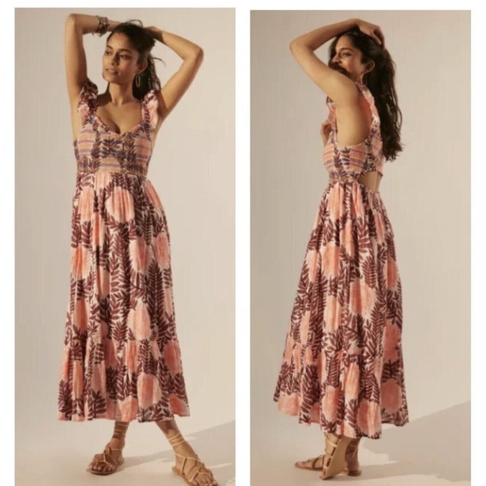 Anthropologie Cecilia Pettersson Smocked Maxi Dress L HTF $180 Pink Purple.